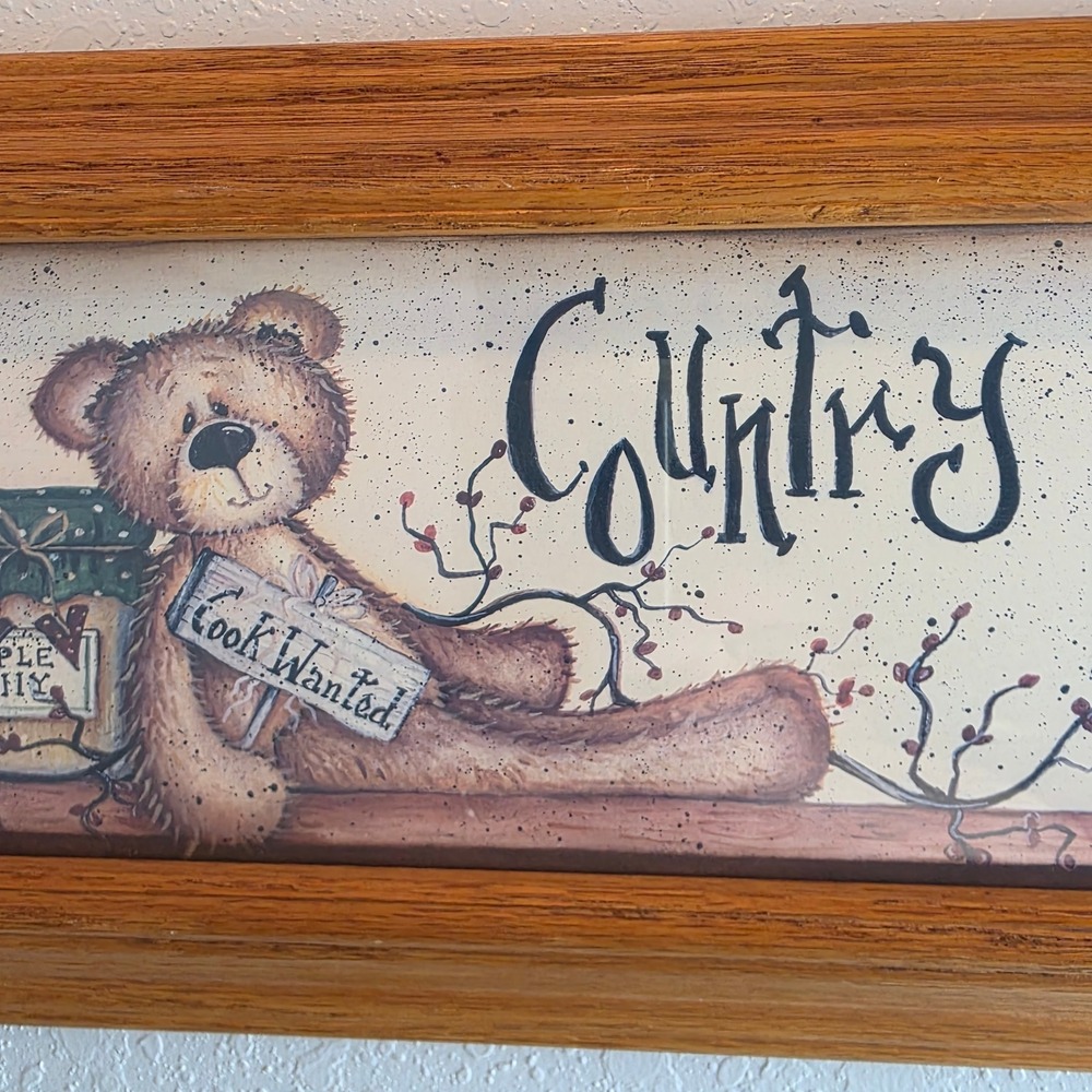 Vintage Mary Ann June Country Kitchen Oak Framed Art Primitive Teddy Bear - Picture 3 of 7